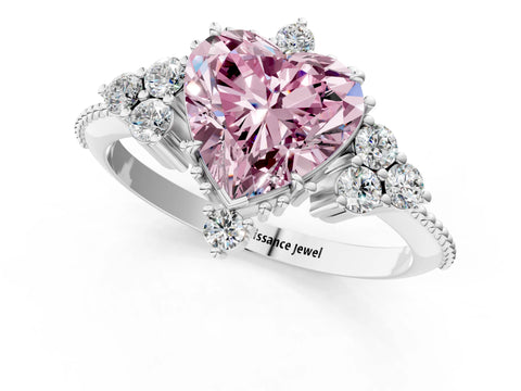 White gold Fancy Pink Heart Cut Brilliant Diamond with Cluster Setting on a Beaded Band and Four-Prong Setting_19