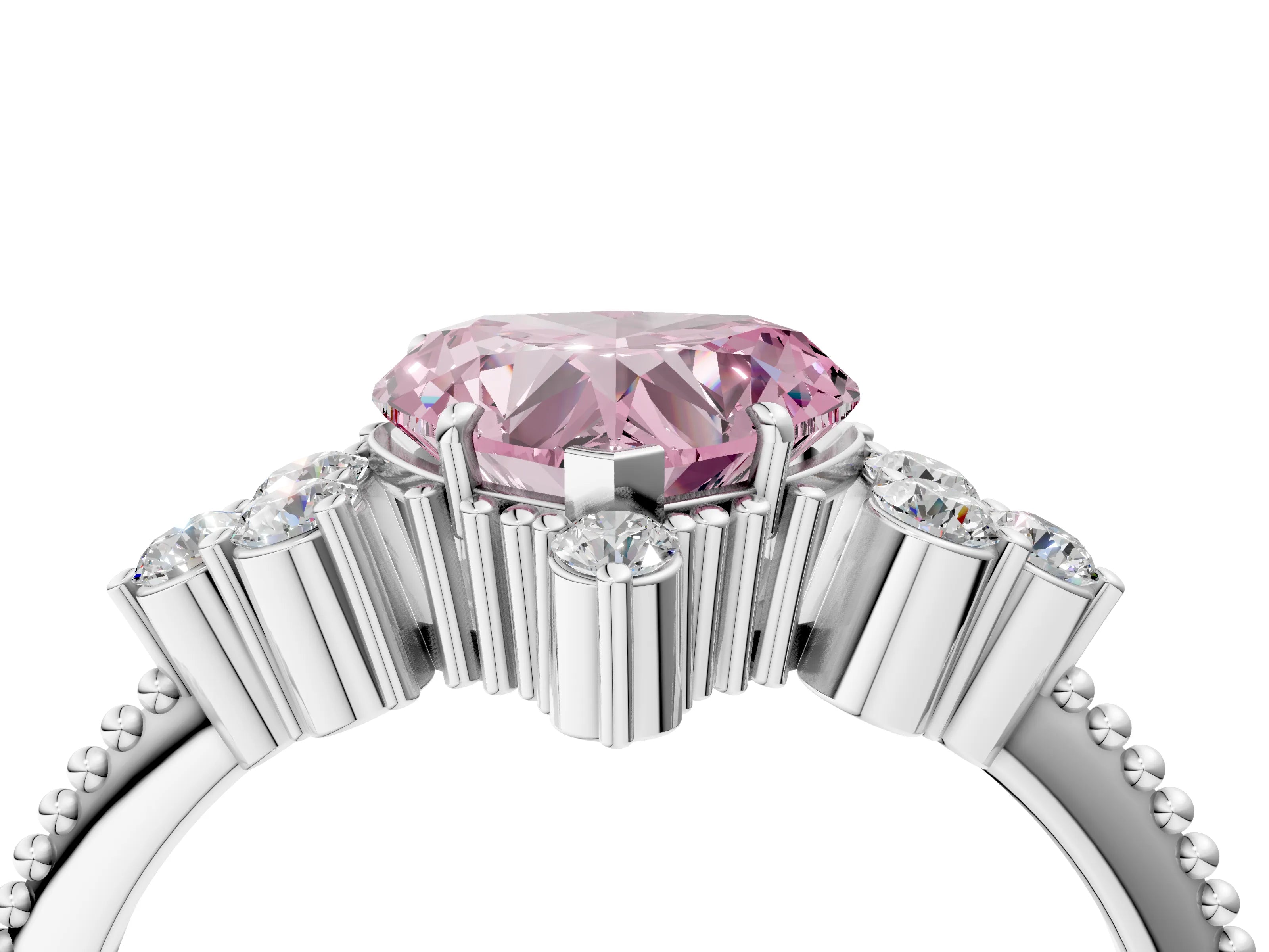 White gold Fancy Pink Heart Cut Brilliant Diamond with Cluster Setting on a Beaded Band and Four-Prong Setting_4