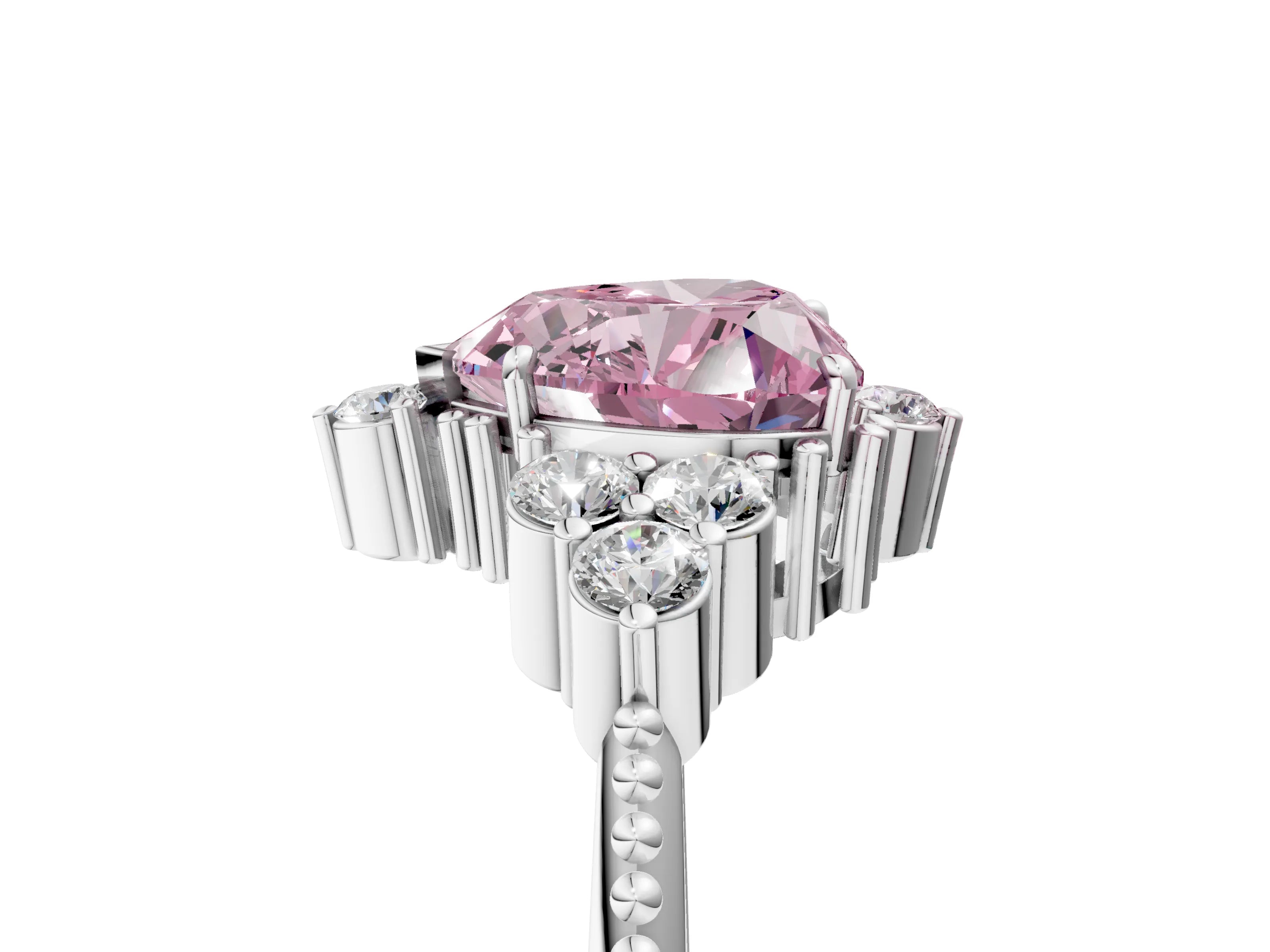 White gold Fancy Pink Heart Cut Brilliant Diamond with Cluster Setting on a Beaded Band and Four-Prong Setting_5