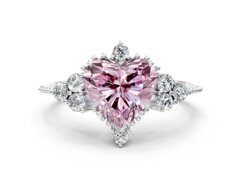White gold Fancy Pink Heart Cut Brilliant Diamond with Cluster Setting on a Beaded Band and Four-Prong Setting