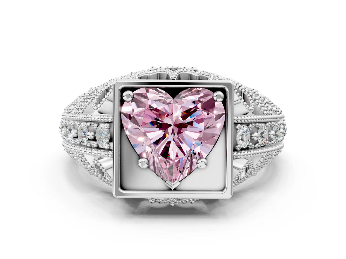 White gold Fancy Pink Heart Cut Brilliant Milgrain Filigree Diamond Ring with Square Prong Setting