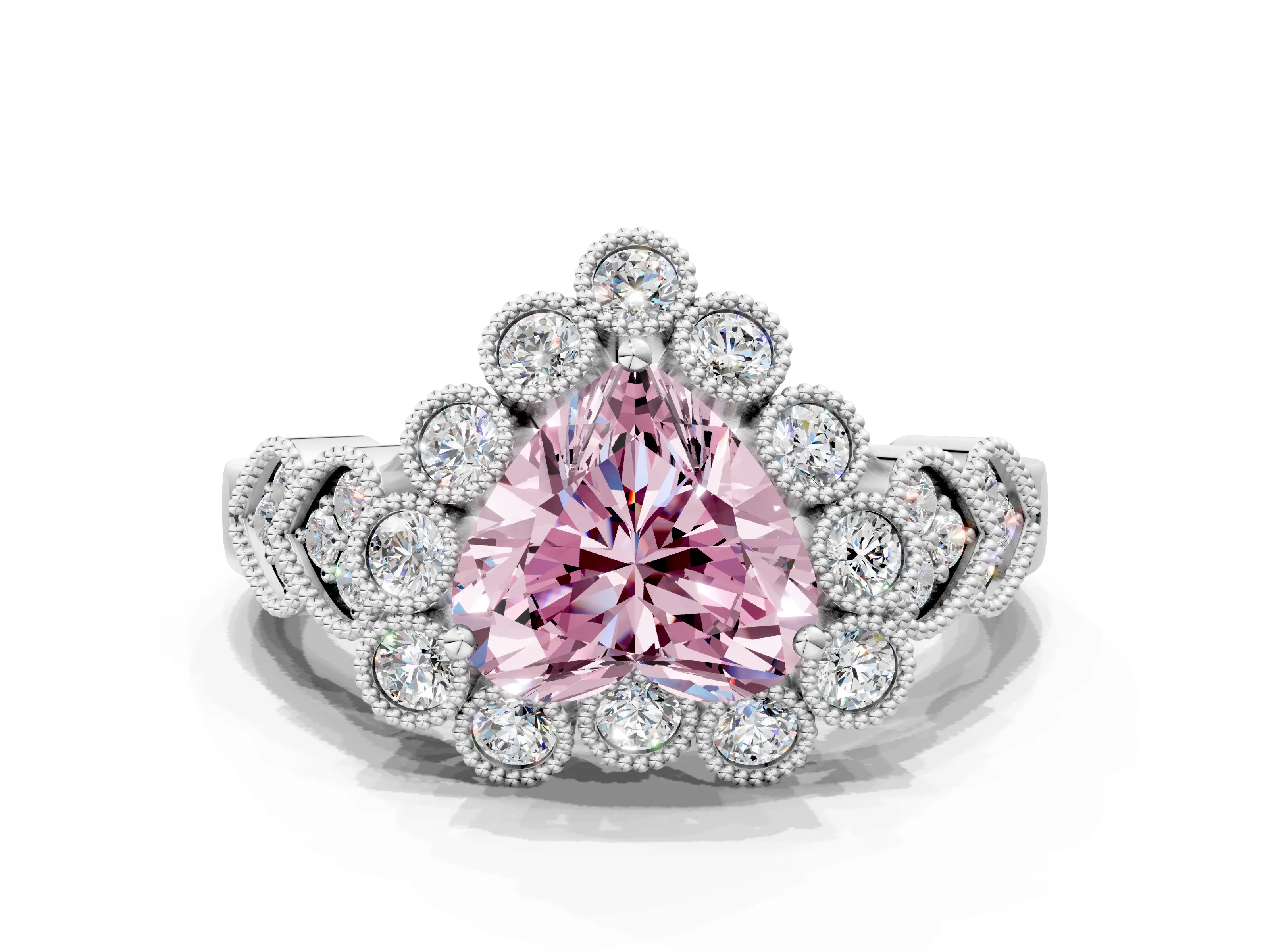 White gold Fancy Pink Heart Cut Brilliant Milgrain Pave Heart Band Solitaire Ring