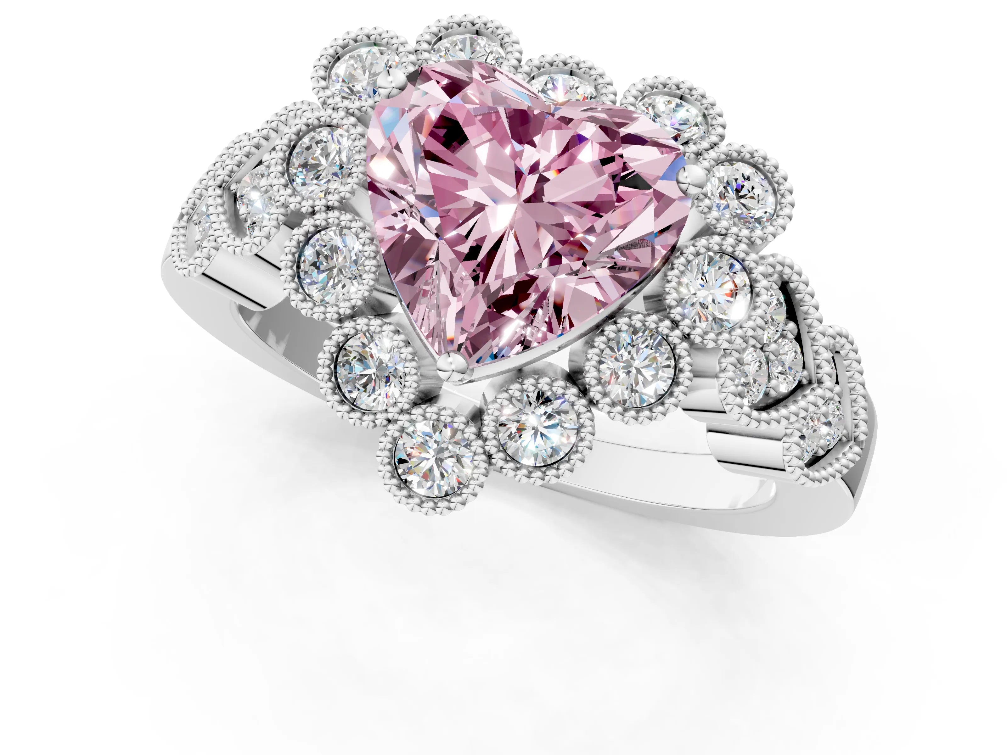 White gold Fancy Pink Heart Cut Brilliant Milgrain Pave Heart Band Solitaire Ring_13