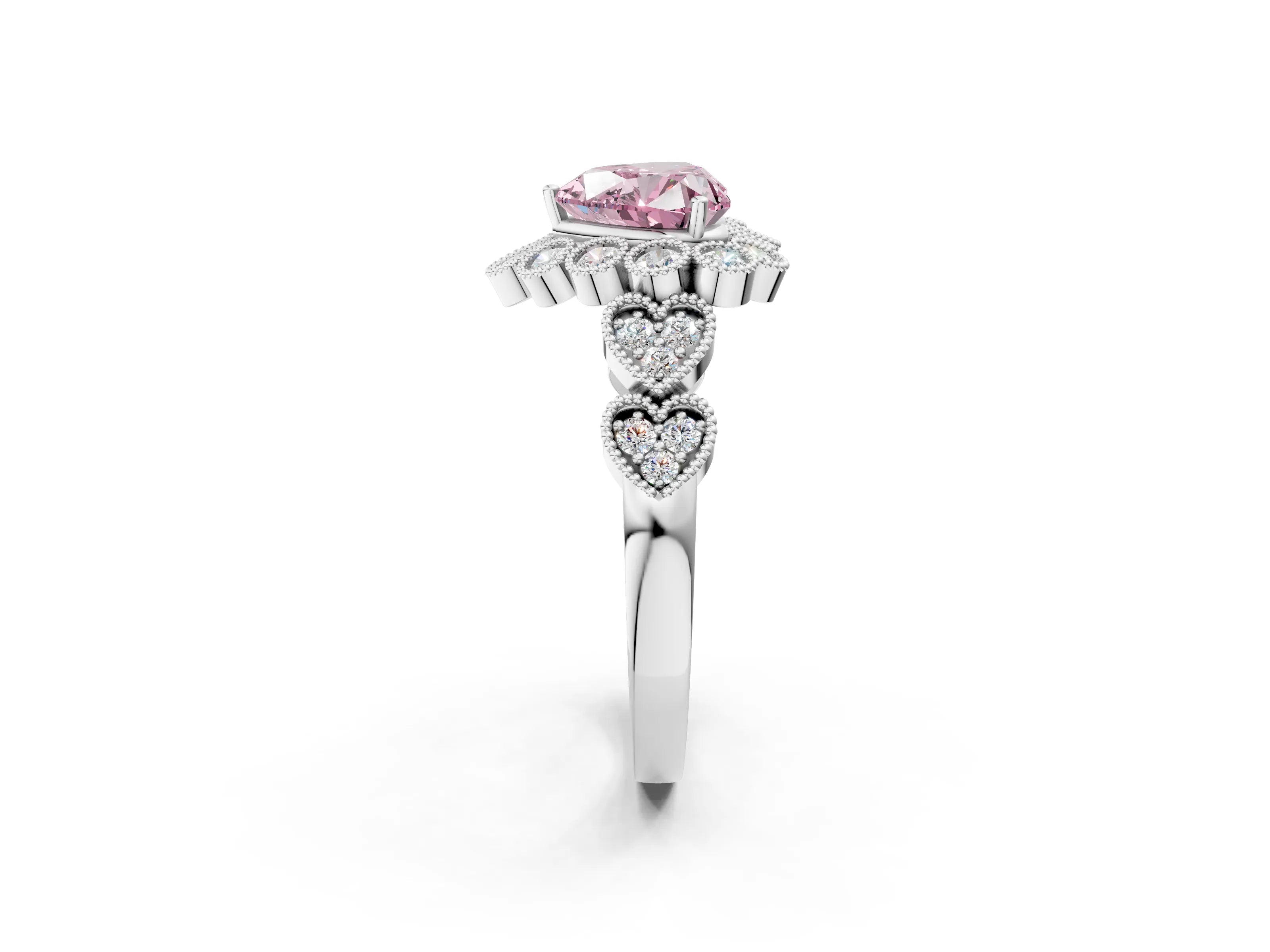 White gold Fancy Pink Heart Cut Brilliant Milgrain Pave Heart Band Solitaire Ring_14