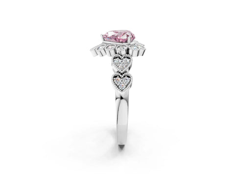 White gold Fancy Pink Heart Cut Brilliant Milgrain Pave Heart Band Solitaire Ring_14