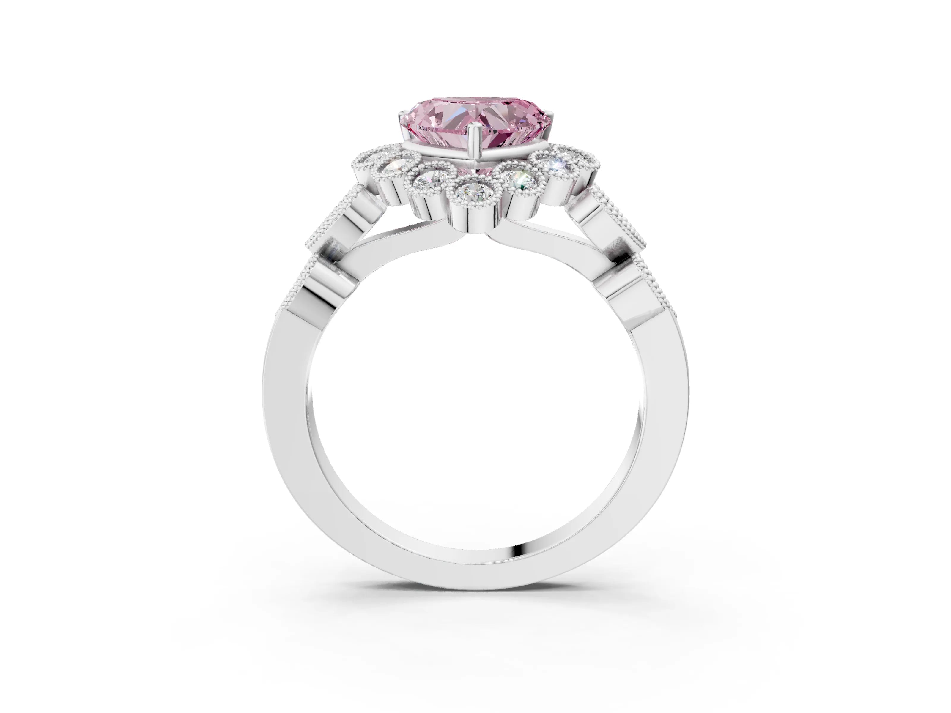White gold Fancy Pink Heart Cut Brilliant Milgrain Pave Heart Band Solitaire Ring_15