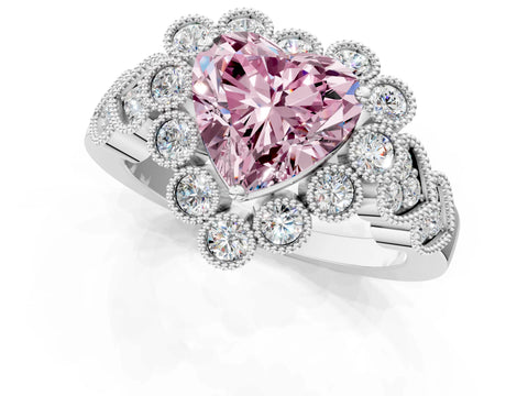 White gold Fancy Pink Heart Cut Brilliant Milgrain Pave Heart Band Solitaire Ring_1