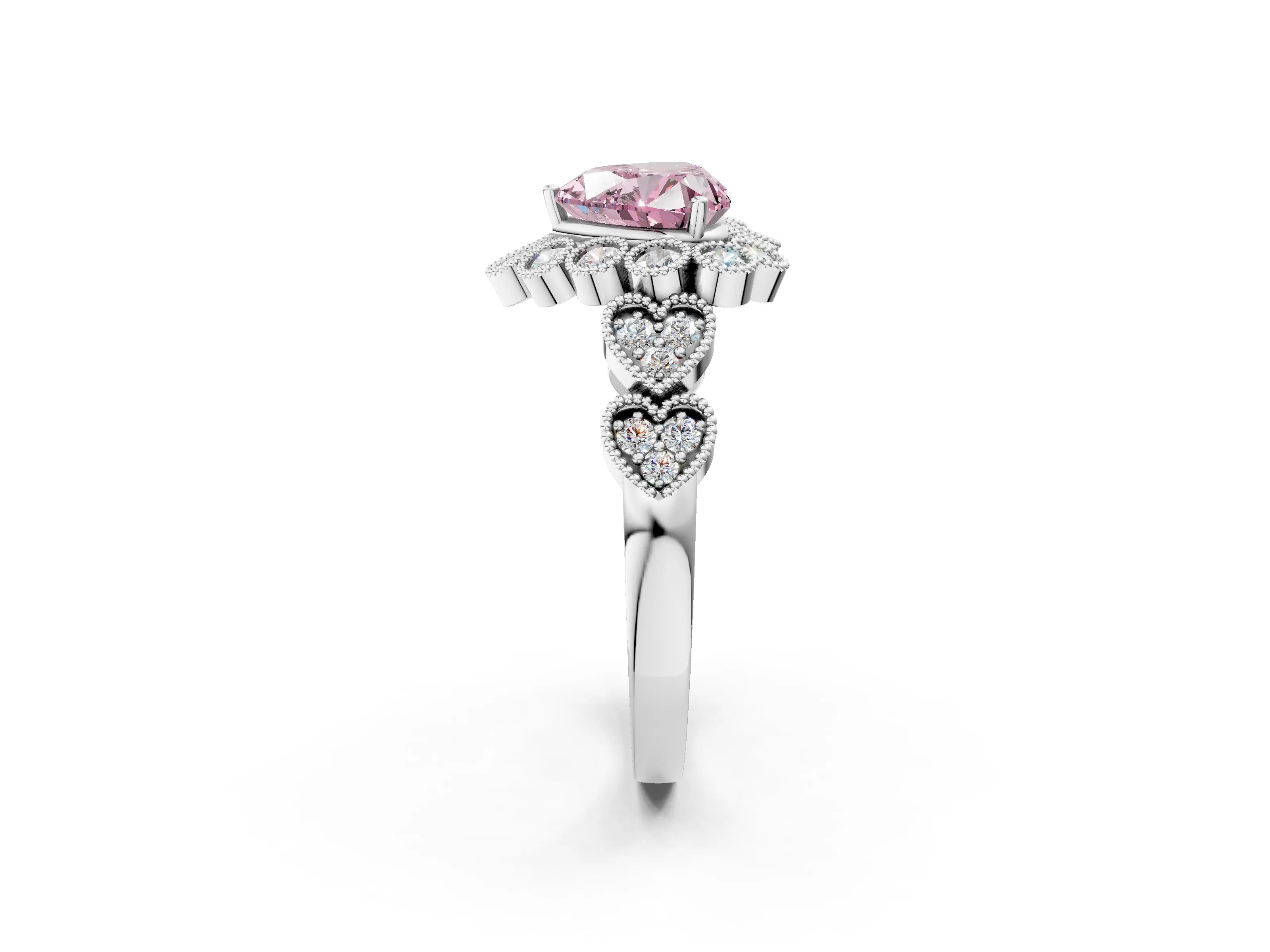 White gold Fancy Pink Heart Cut Brilliant Milgrain Pave Heart Band Solitaire Ring_2
