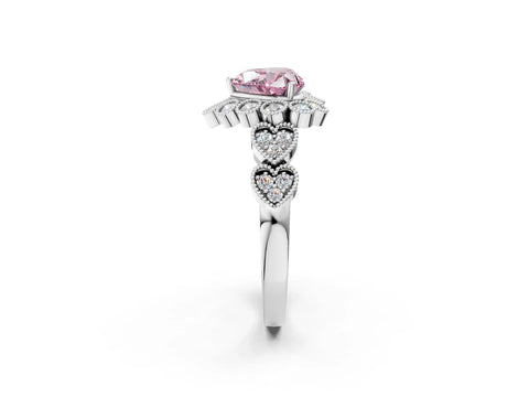 White gold Fancy Pink Heart Cut Brilliant Milgrain Pave Heart Band Solitaire Ring_2