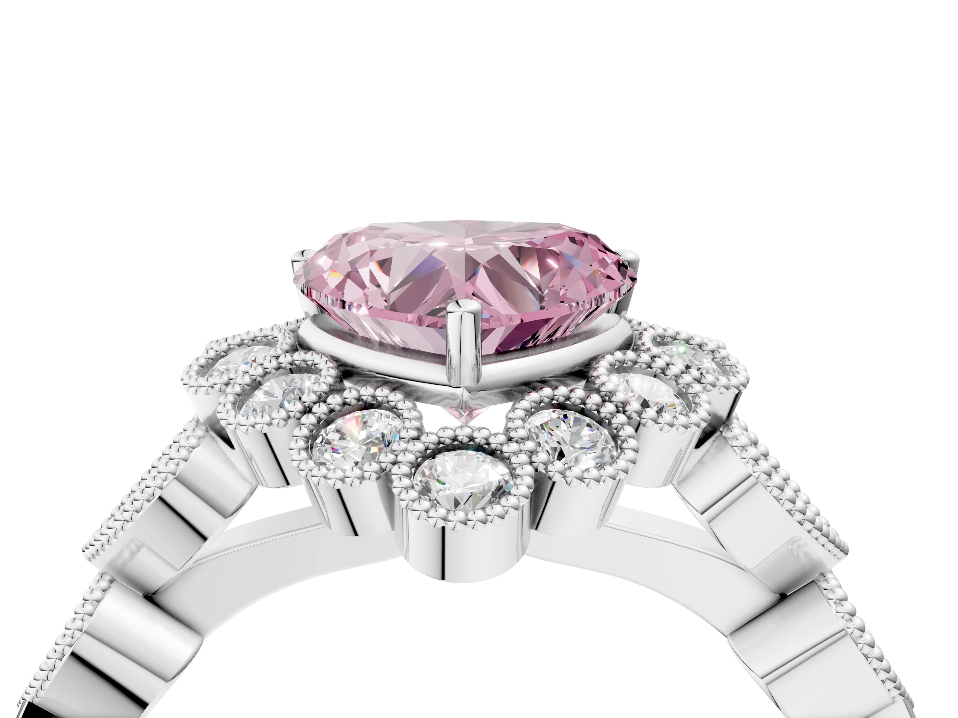 White gold Fancy Pink Heart Cut Brilliant Milgrain Pave Heart Band Solitaire Ring_4