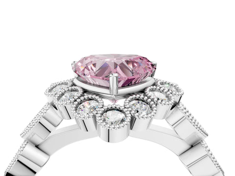 White gold Fancy Pink Heart Cut Brilliant Milgrain Pave Heart Band Solitaire Ring_4