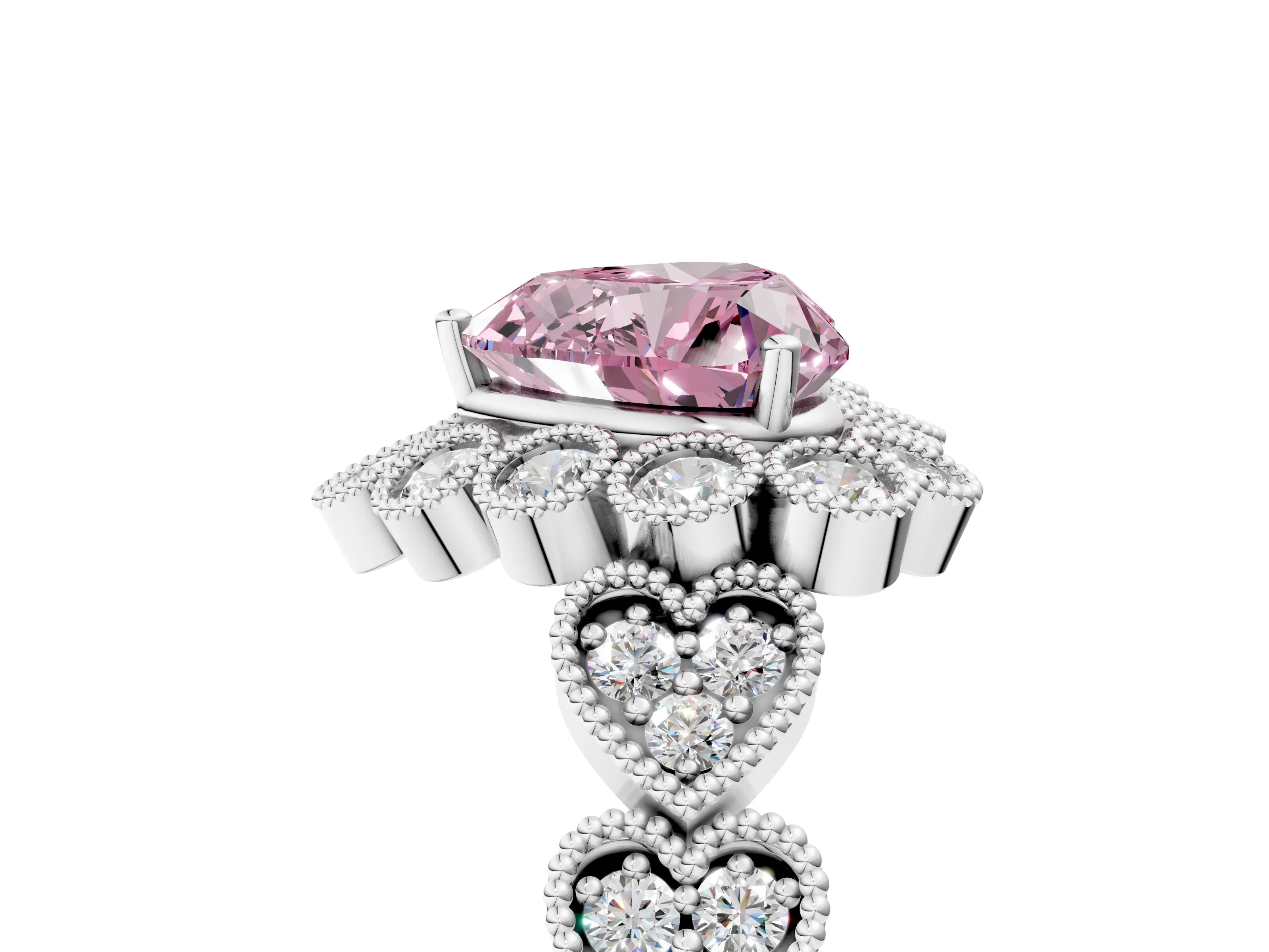 White gold Fancy Pink Heart Cut Brilliant Milgrain Pave Heart Band Solitaire Ring_5