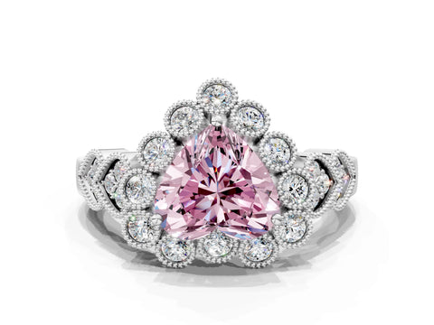 White gold Fancy Pink Heart Cut Brilliant Milgrain Pave Heart Band Solitaire Ring