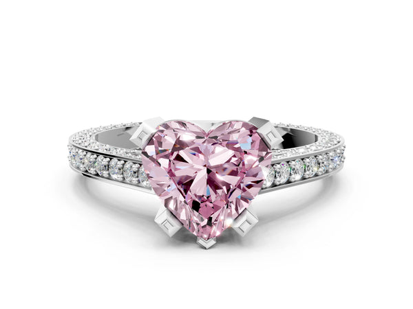 White gold Fancy Pink Heart Cut Brilliant Split Shank Pave Solitaire Ring with Four-Prong Setting