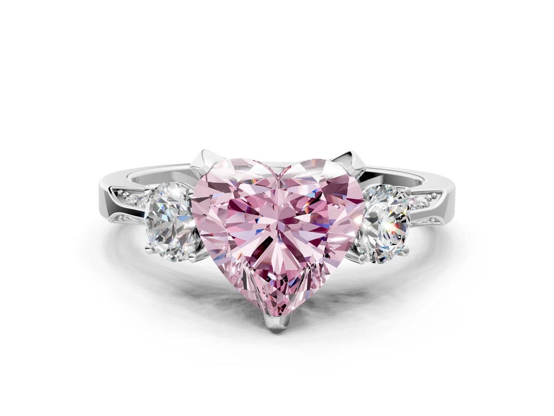 White gold Fancy Pink Heart Cut Brilliant Three-Stone Diamond Ring with Pavé Band and Four-Prong Setting_15