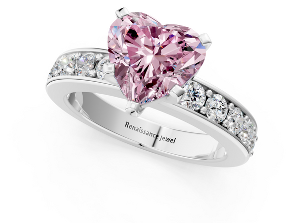 White gold Fancy Pink Heart  Cut Channel Set Diamond Engagement Ring with Four-Prong Setting