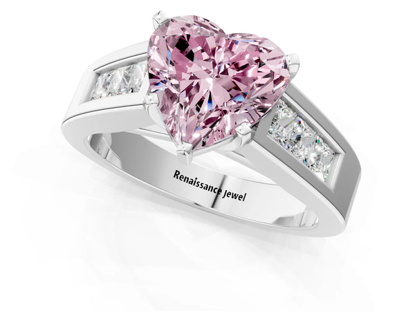 White gold Fancy Pink Heart Cut Cut Channel Set Solitaire Ring with Four-Prong Setting