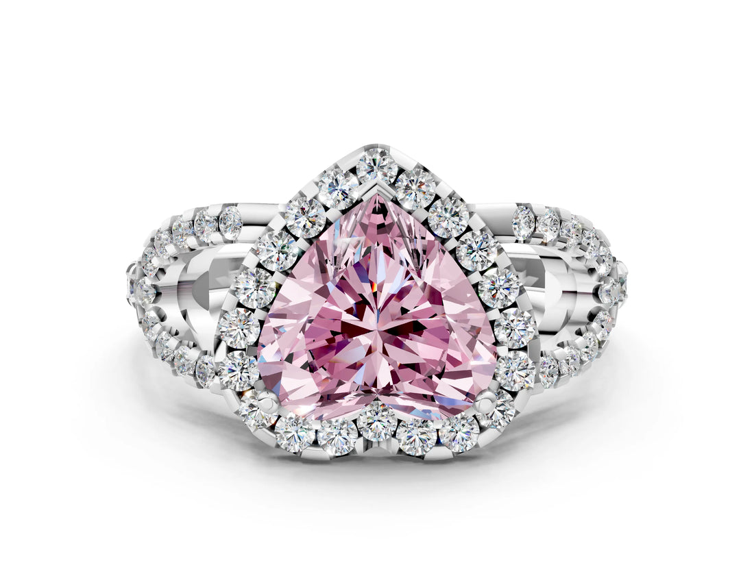 White gold Fancy Pink Heart Cut Cut Diamond Halo Engagement Ring with Open Split Pavé Band