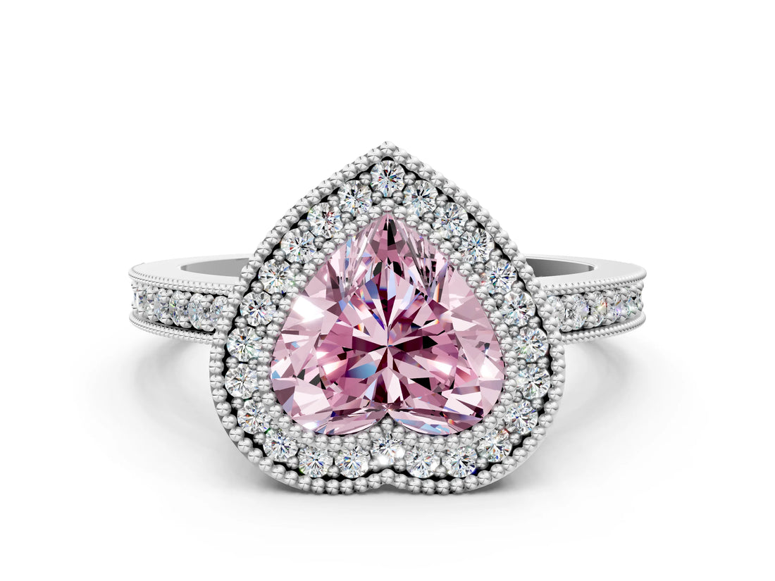 White gold Fancy Pink Heart Cut-Cut Diamond Halo Engagement Ring with Pave Band and Prong Setting