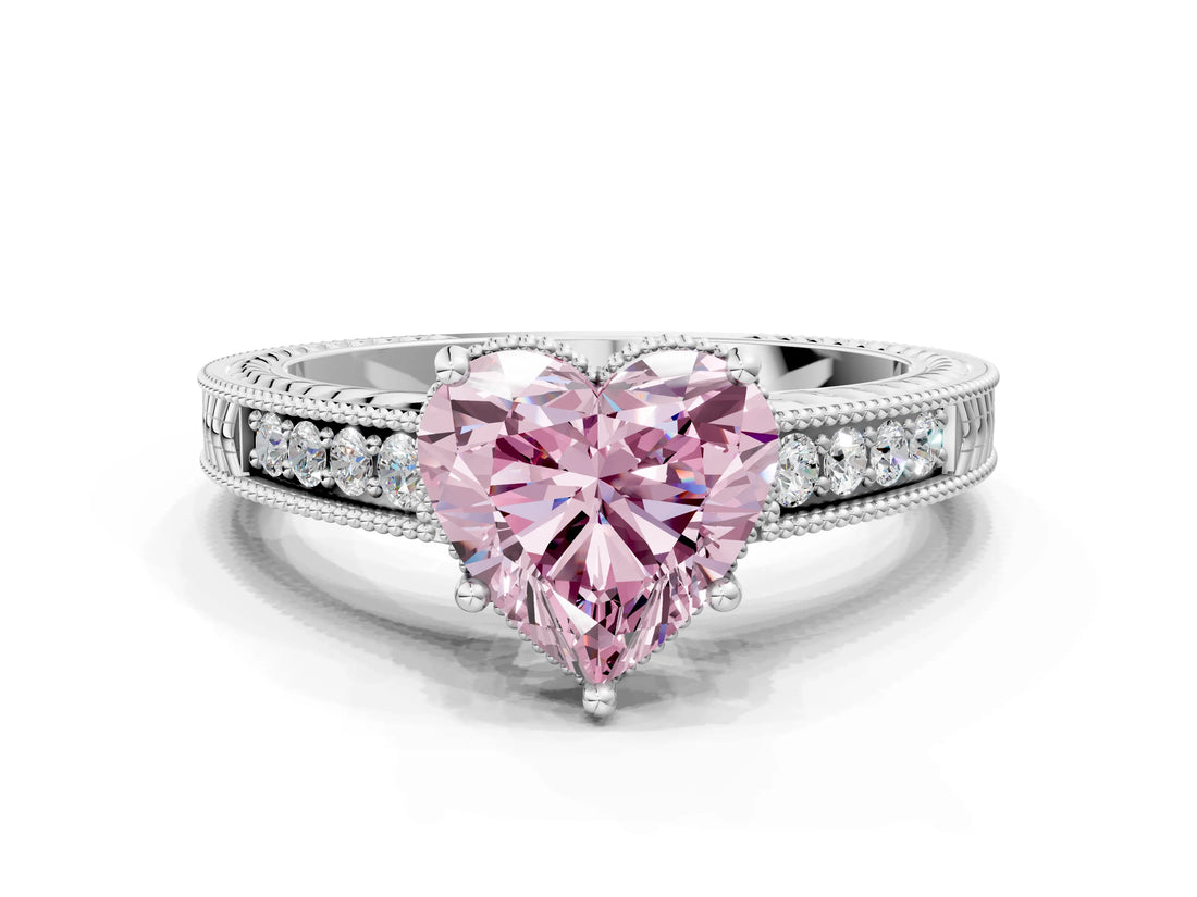 White gold Fancy Pink Heart Cut Cut Diamond Milgrain Pave Band Four-Prong Setting Ring_15