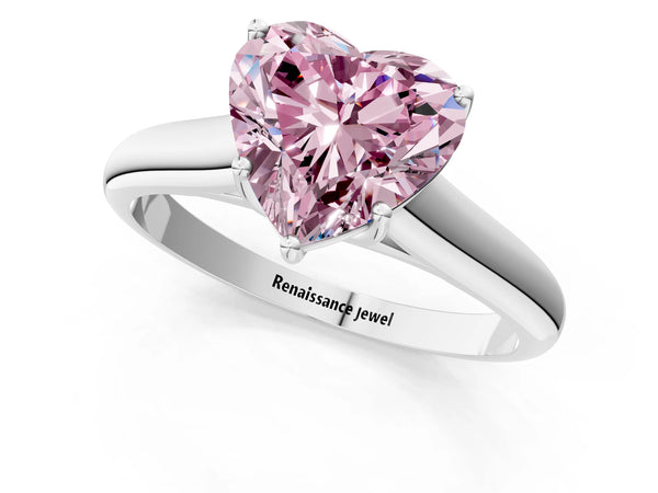 Platinum Fancy Pink Heart Cut Cut Diamond Solitaire Engagement Ring with Tapered Plain Band and Four-Prong Setting