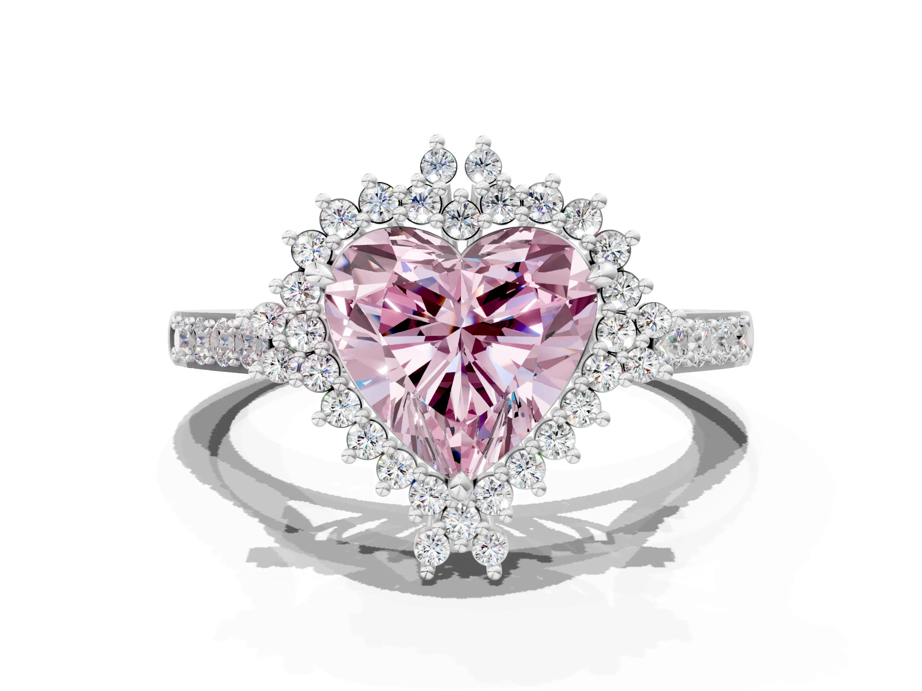 White gold Fancy Pink Heart Cut Cut Diamond Sunburst Halo Engagement Ring with Pavé Band