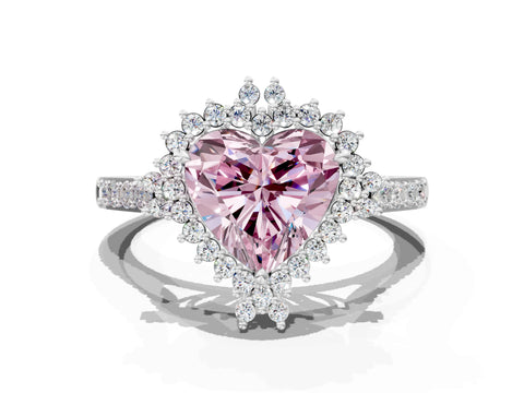 White gold Fancy Pink Heart Cut Cut Diamond Sunburst Halo Engagement Ring with Pavé Band