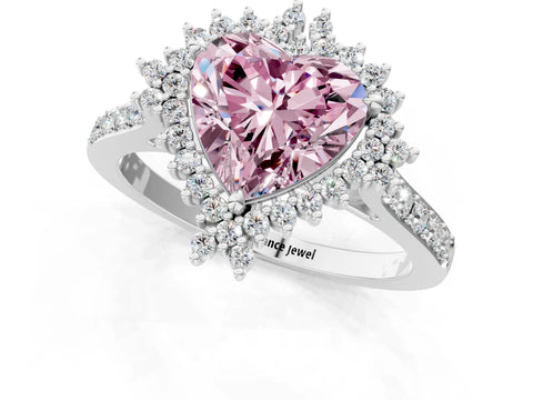 White gold Fancy Pink Heart Cut Cut Diamond Sunburst Halo Engagement Ring with Pavé Band_13