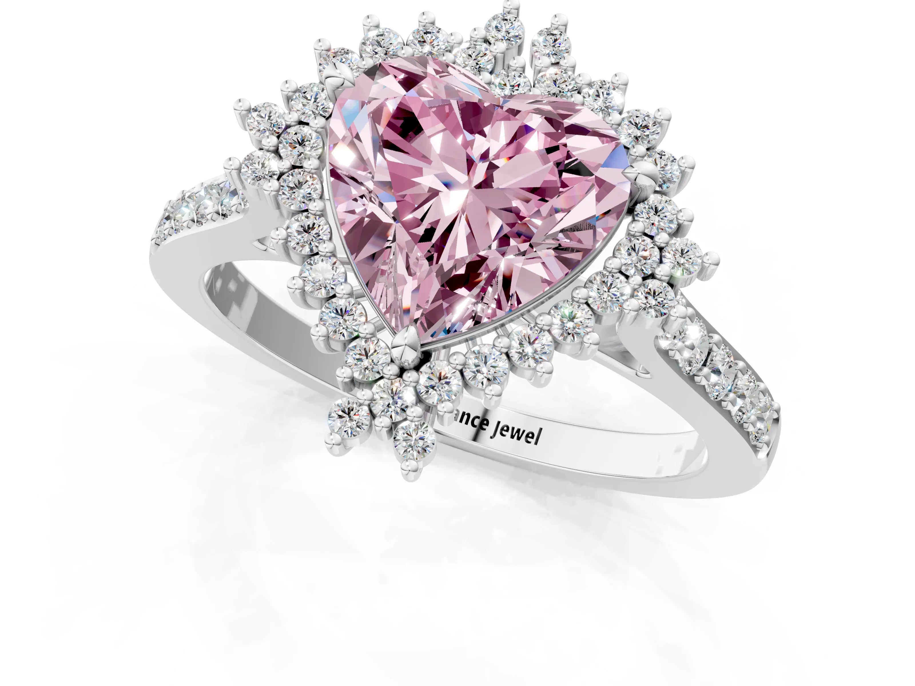 White gold Fancy Pink Heart Cut Cut Diamond Sunburst Halo Engagement Ring with Pavé Band_13