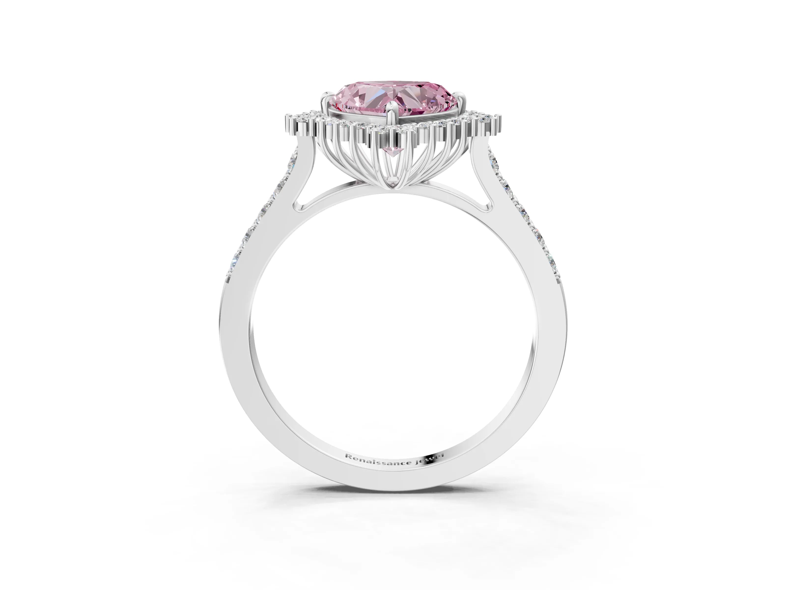 White gold Fancy Pink Heart Cut Cut Diamond Sunburst Halo Engagement Ring with Pavé Band_15