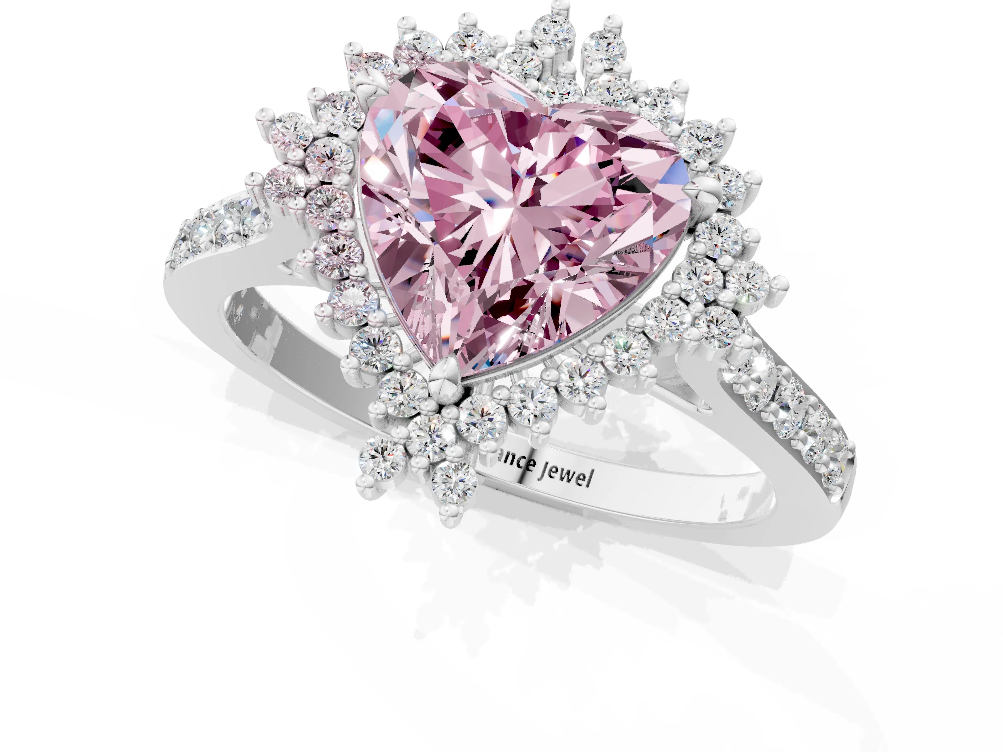 White gold Fancy Pink Heart Cut Cut Diamond Sunburst Halo Engagement Ring with Pavé Band_1