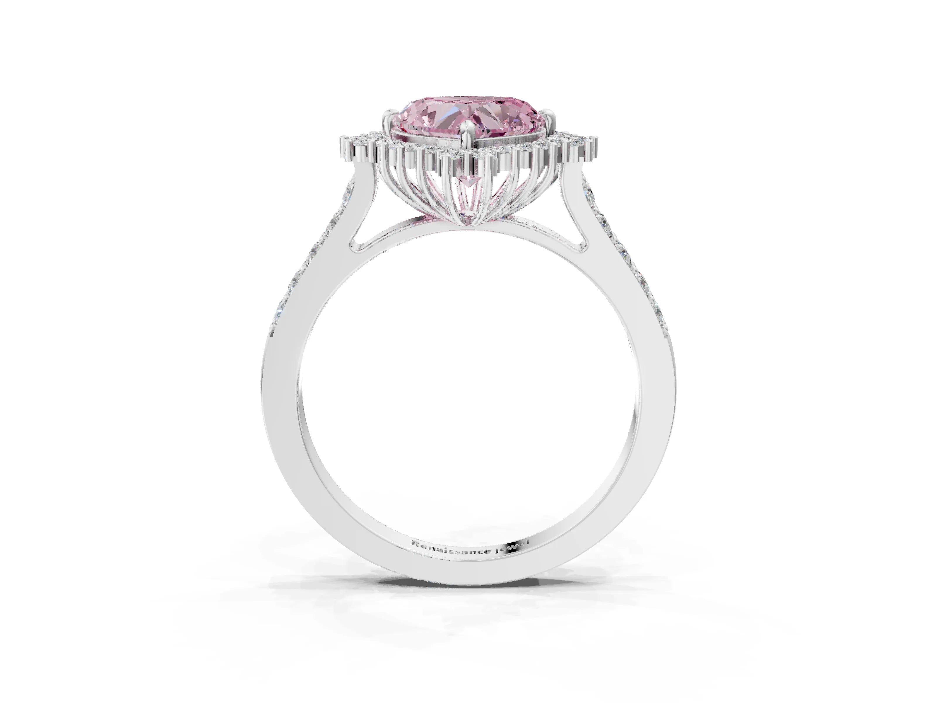 White gold Fancy Pink Heart Cut Cut Diamond Sunburst Halo Engagement Ring with Pavé Band_3