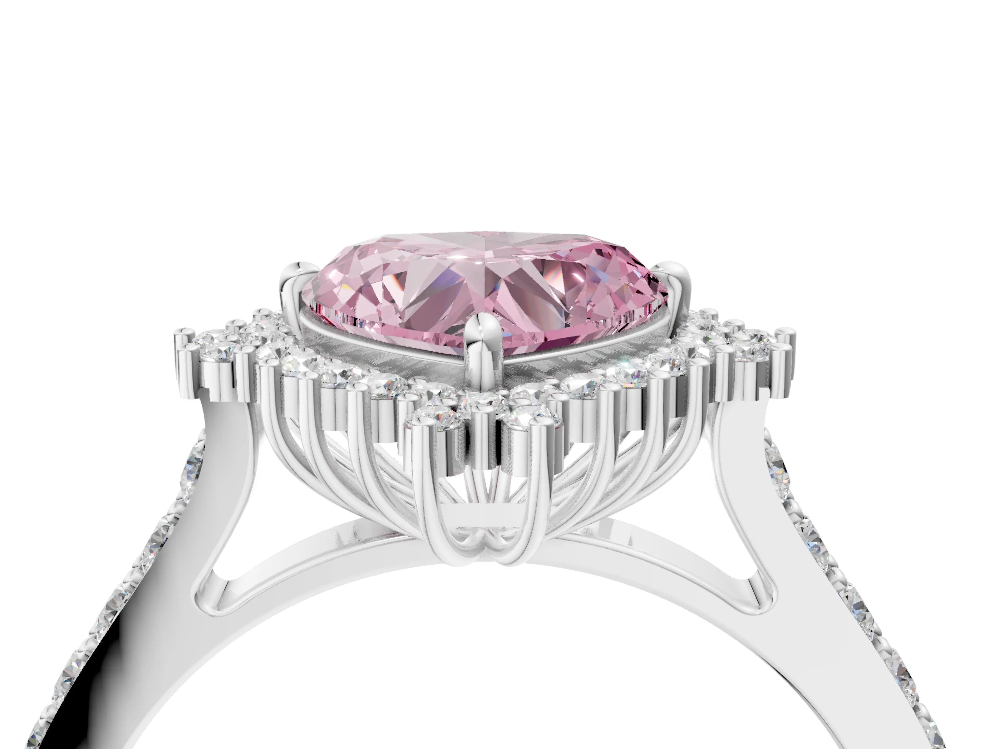 White gold Fancy Pink Heart Cut Cut Diamond Sunburst Halo Engagement Ring with Pavé Band_4