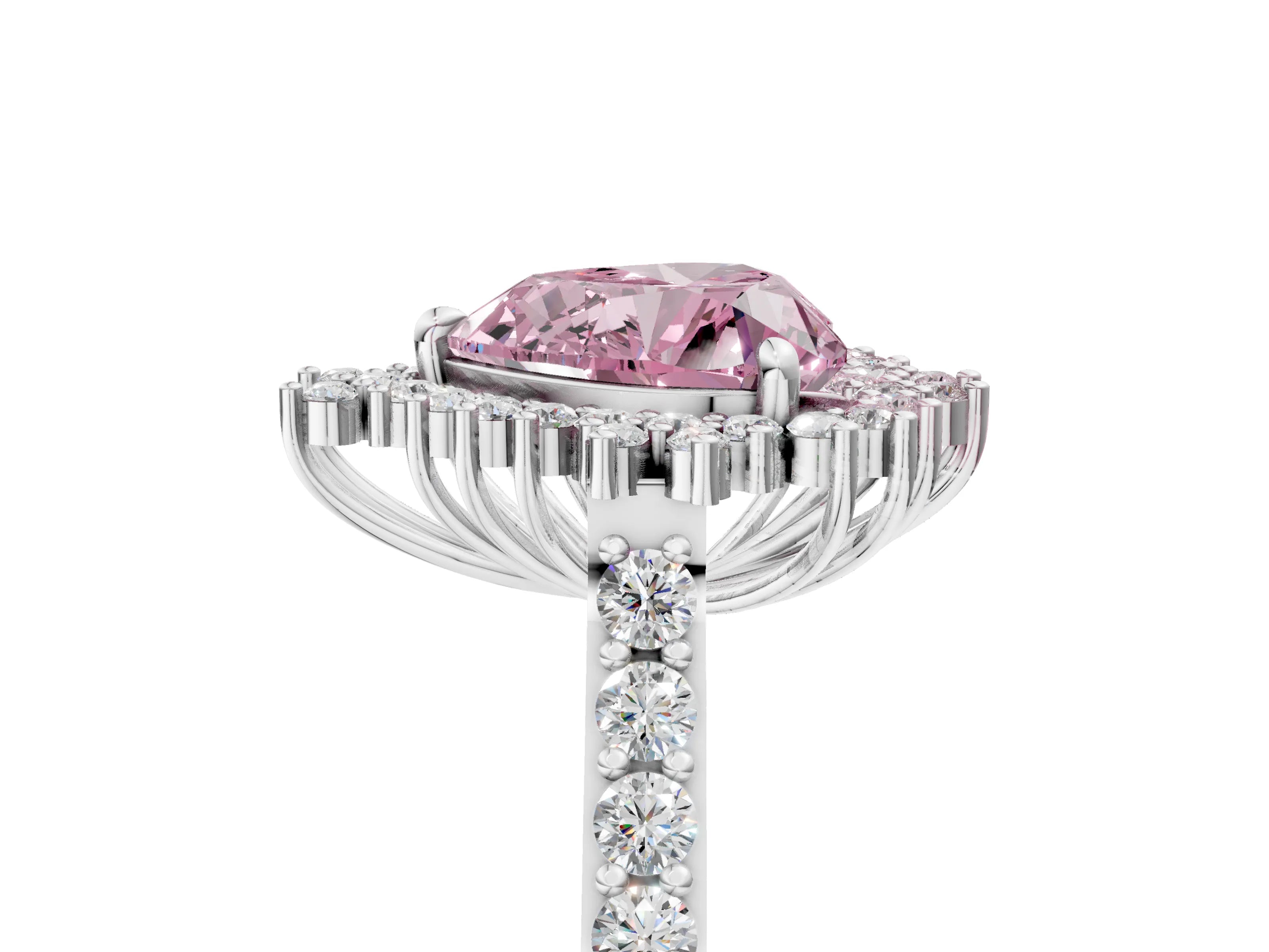 White gold Fancy Pink Heart Cut Cut Diamond Sunburst Halo Engagement Ring with Pavé Band_5