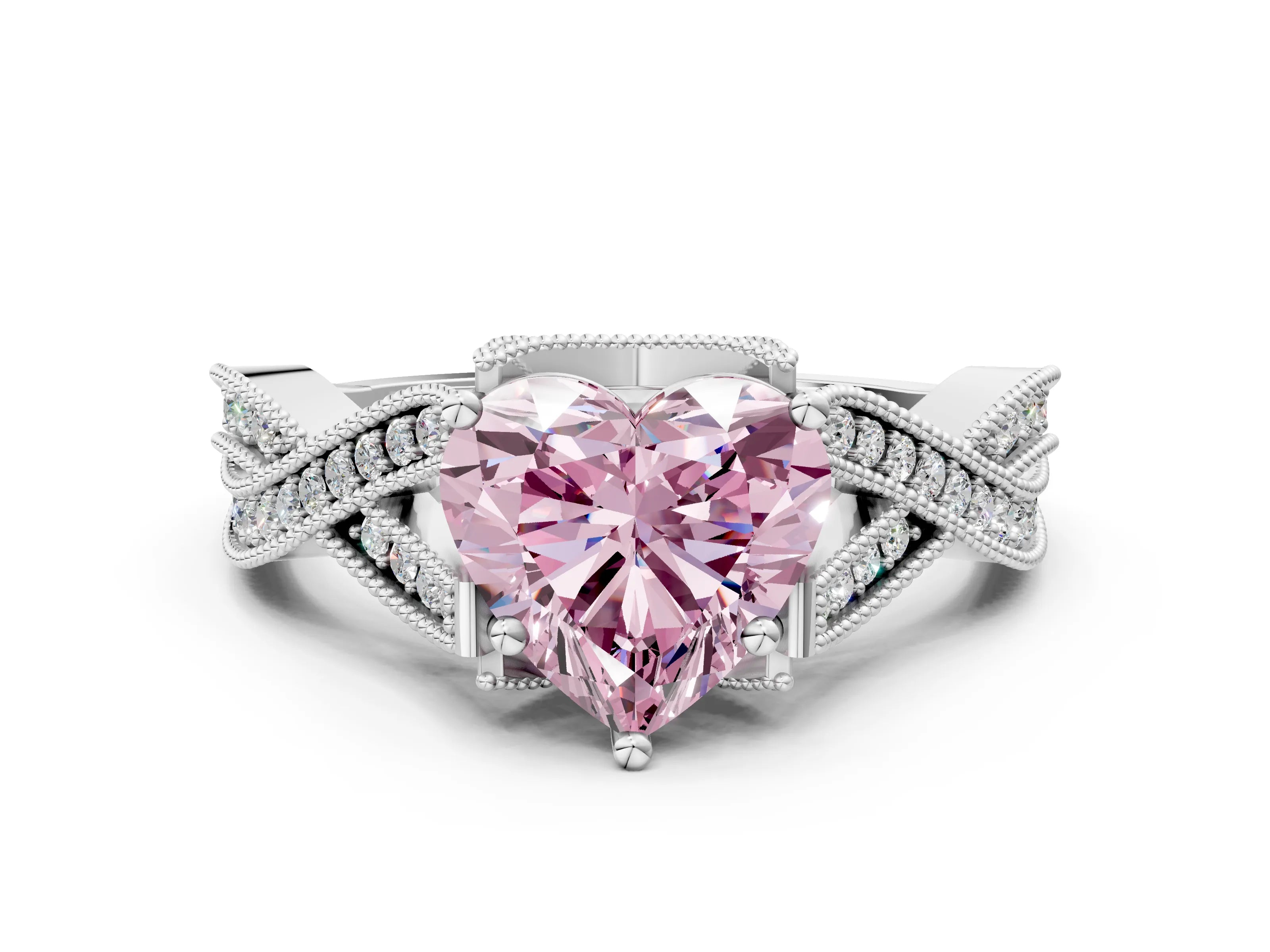 White gold Fancy Pink Heart Cut Cut Diamond Twisted Band with Milgrain Pave Setting and Four-Prong Setting_12