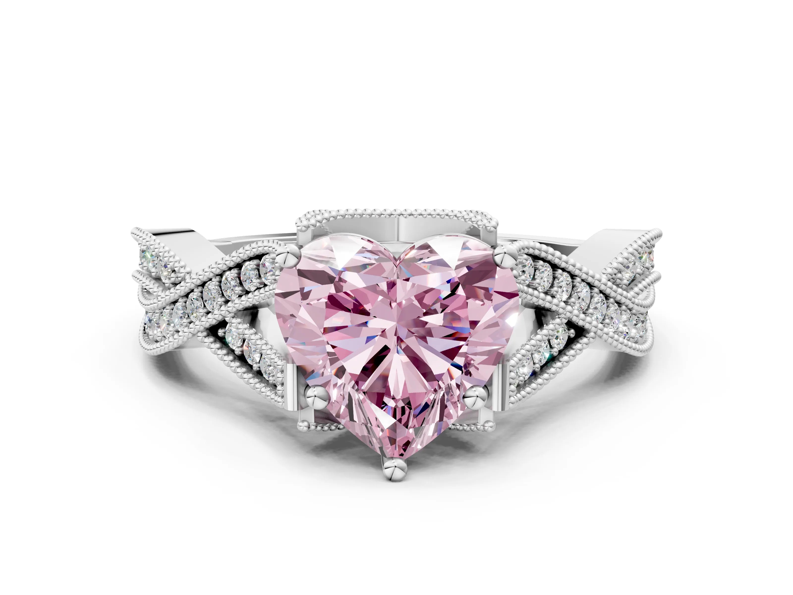 White gold Fancy Pink Heart Cut Cut Diamond Twisted Band with Milgrain Pave Setting and Four-Prong Setting_12