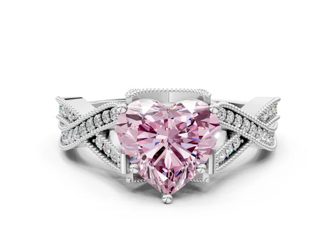 White gold Fancy Pink Heart Cut Cut Diamond Twisted Band with Milgrain Pave Setting and Four-Prong Setting_12