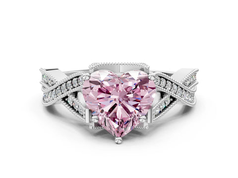 White gold Fancy Pink Heart Cut Cut Diamond Twisted Band with Milgrain Pave Setting and Four-Prong Setting_12