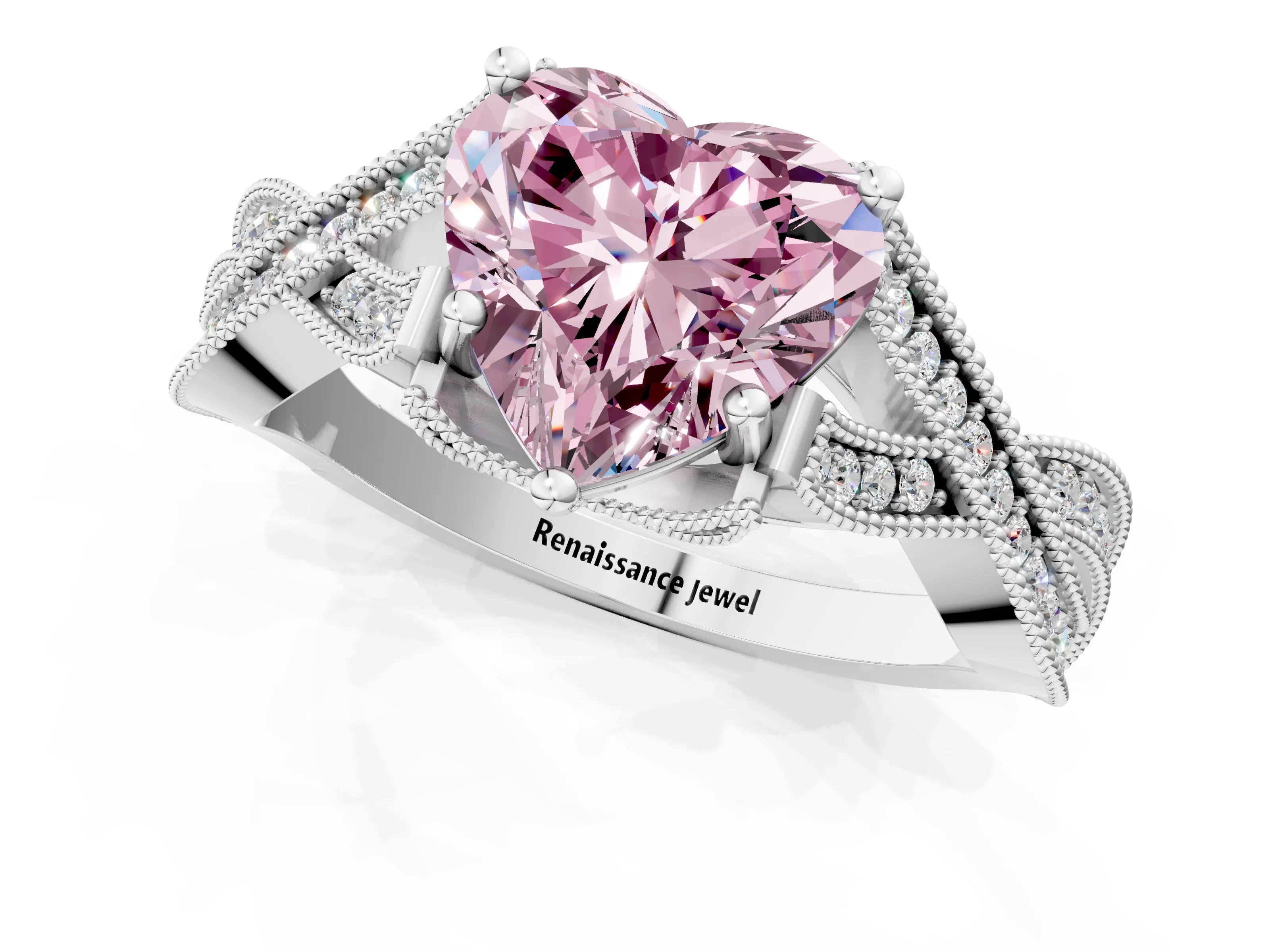 White gold Fancy Pink Heart Cut Cut Diamond Twisted Band with Milgrain Pave Setting and Four-Prong Setting_13