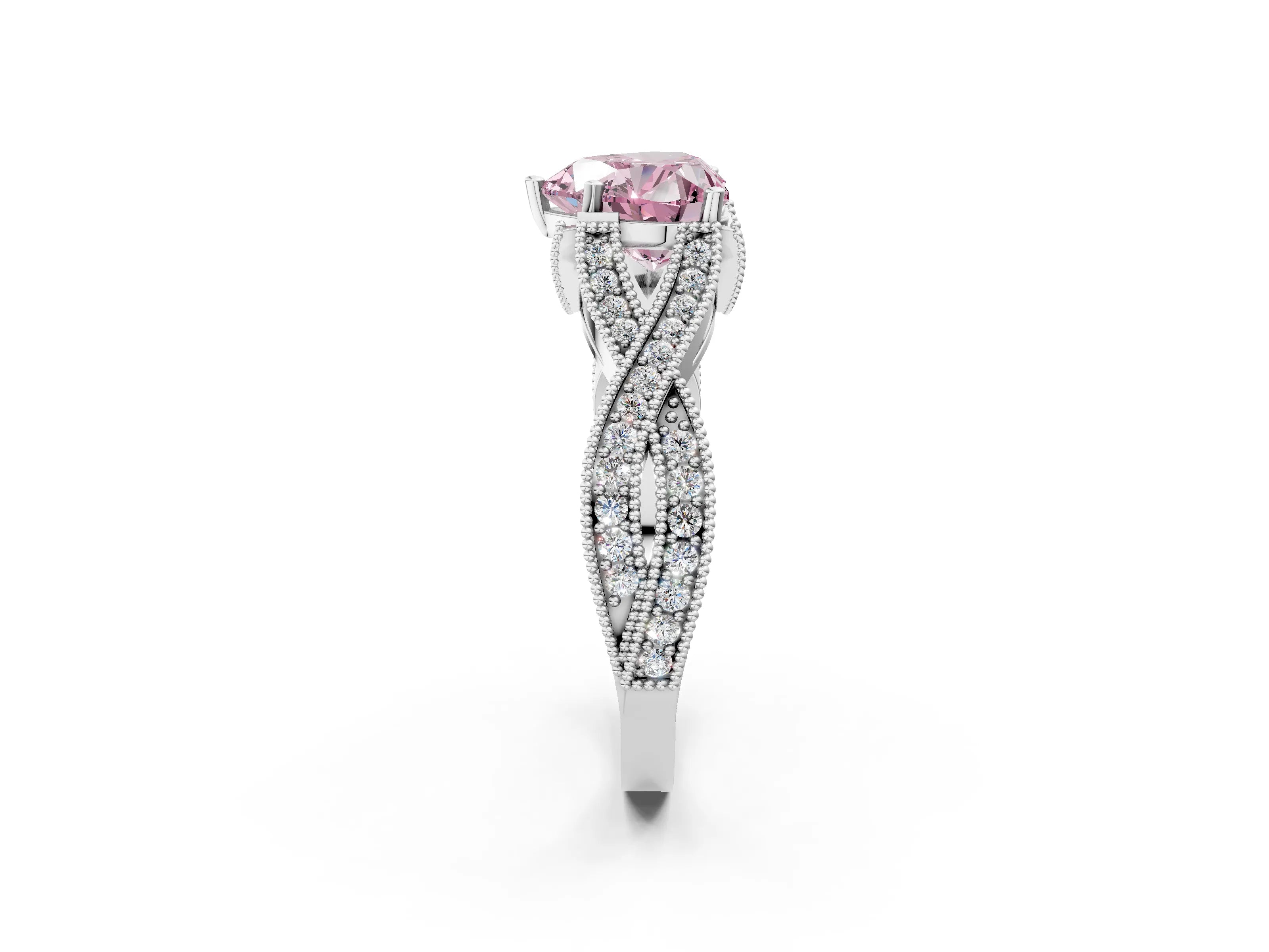 White gold Fancy Pink Heart Cut Cut Diamond Twisted Band with Milgrain Pave Setting and Four-Prong Setting_14