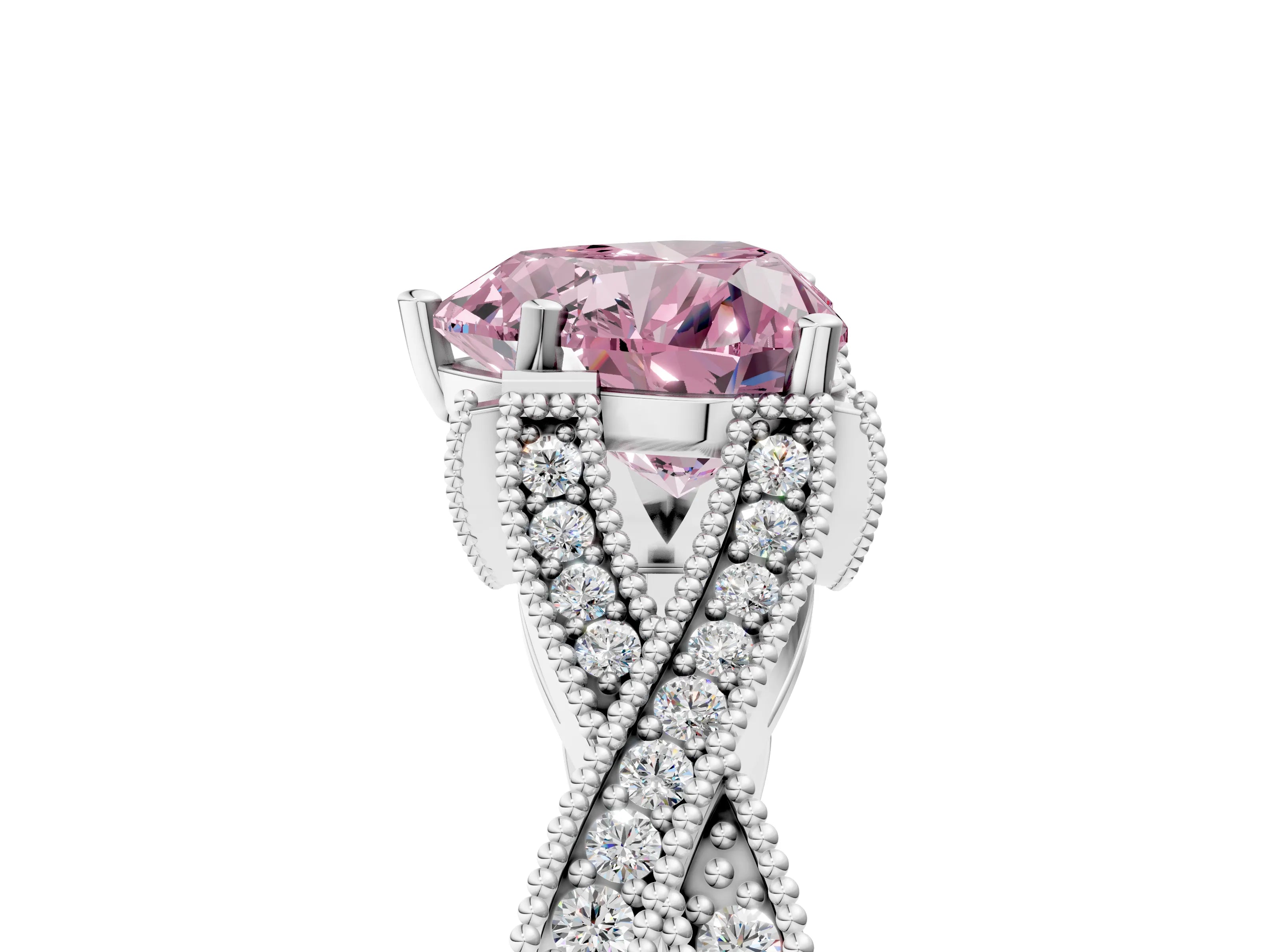 White gold Fancy Pink Heart Cut Cut Diamond Twisted Band with Milgrain Pave Setting and Four-Prong Setting_17