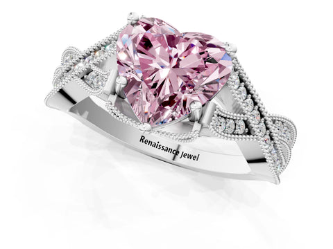 White gold Fancy Pink Heart Cut Cut Diamond Twisted Band with Milgrain Pave Setting and Four-Prong Setting_19