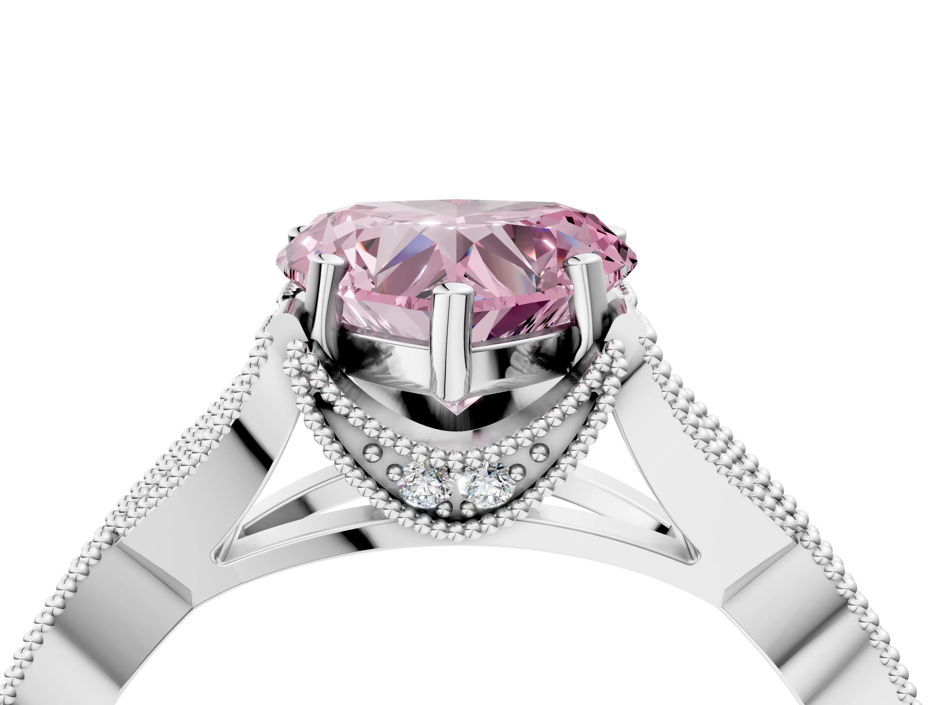 White gold Fancy Pink Heart Cut Cut Diamond Twisted Band with Milgrain Pave Setting and Four-Prong Setting_4