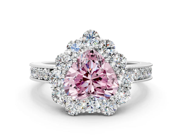 White gold Fancy Pink Heart Cut Cut Halo Diamond Pavé Engagement Ring with Milgrain Detailing