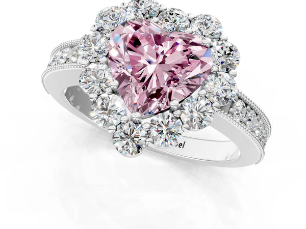 White gold Fancy Pink Heart Cut Cut Halo Diamond Pavé Engagement Ring with Milgrain Detailing