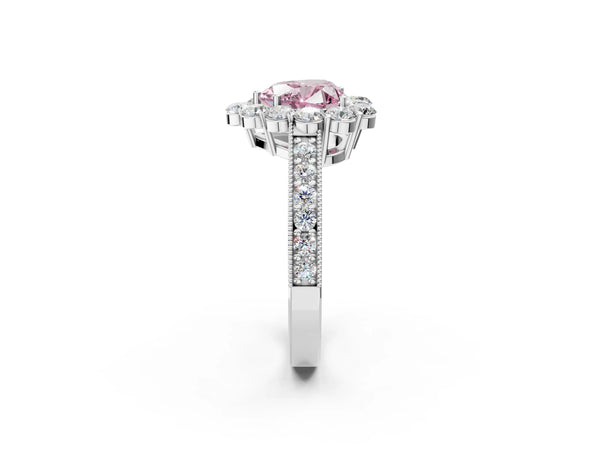 White gold Fancy Pink Heart Cut Cut Halo Diamond Pavé Engagement Ring with Milgrain Detailing