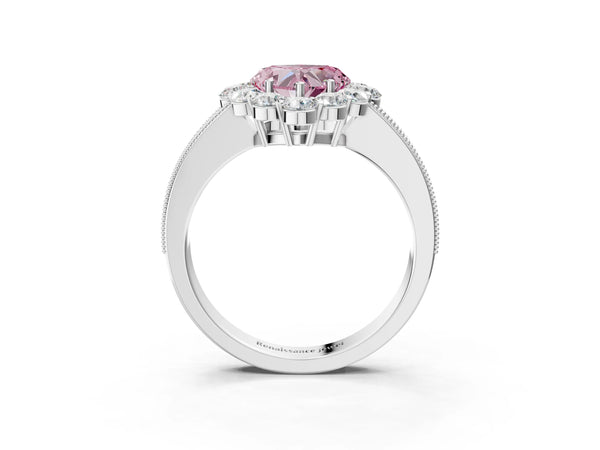 White gold Fancy Pink Heart Cut Cut Halo Diamond Pavé Engagement Ring with Milgrain Detailing