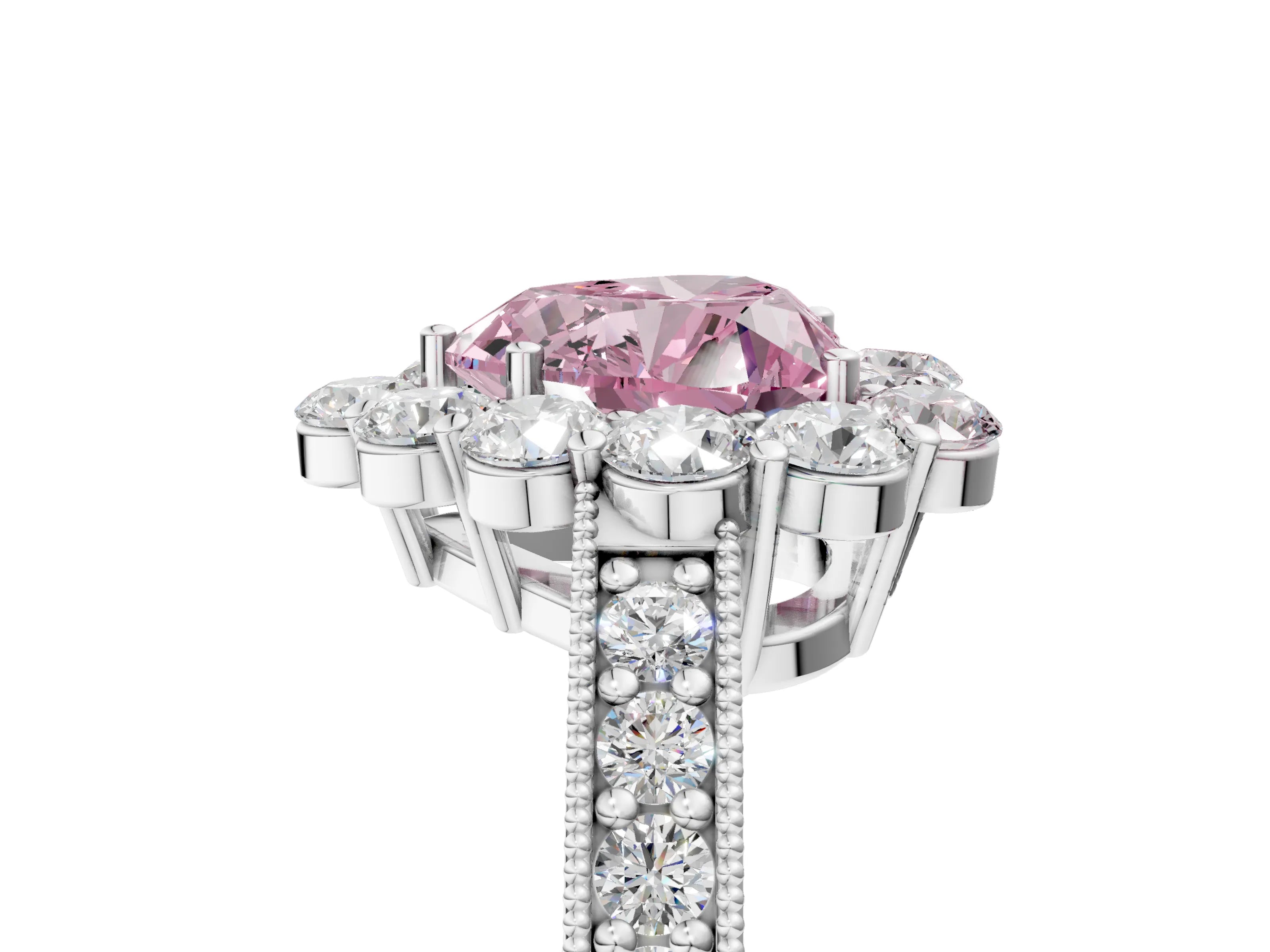 White gold Fancy Pink Heart Cut Cut Halo Diamond Pavé Engagement Ring with Milgrain Detailing_17