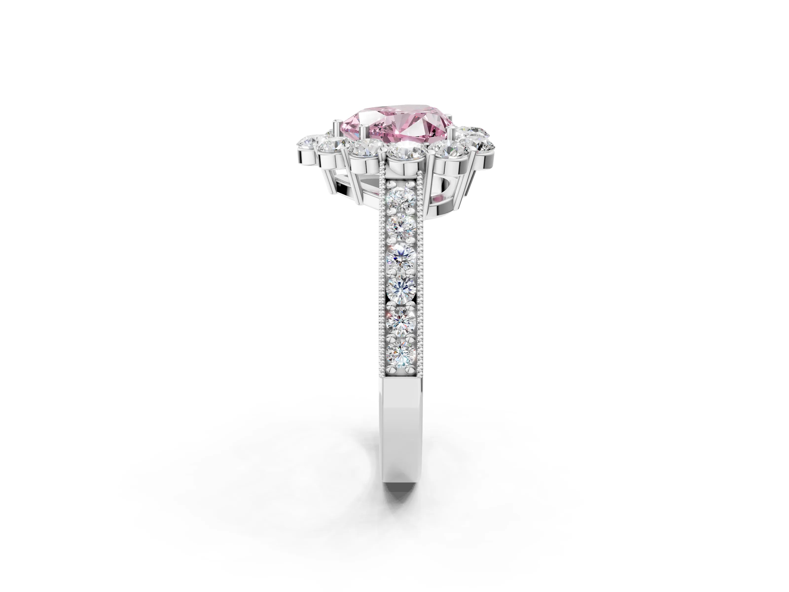 White gold Fancy Pink Heart Cut Cut Halo Diamond Pavé Engagement Ring with Milgrain Detailing_2