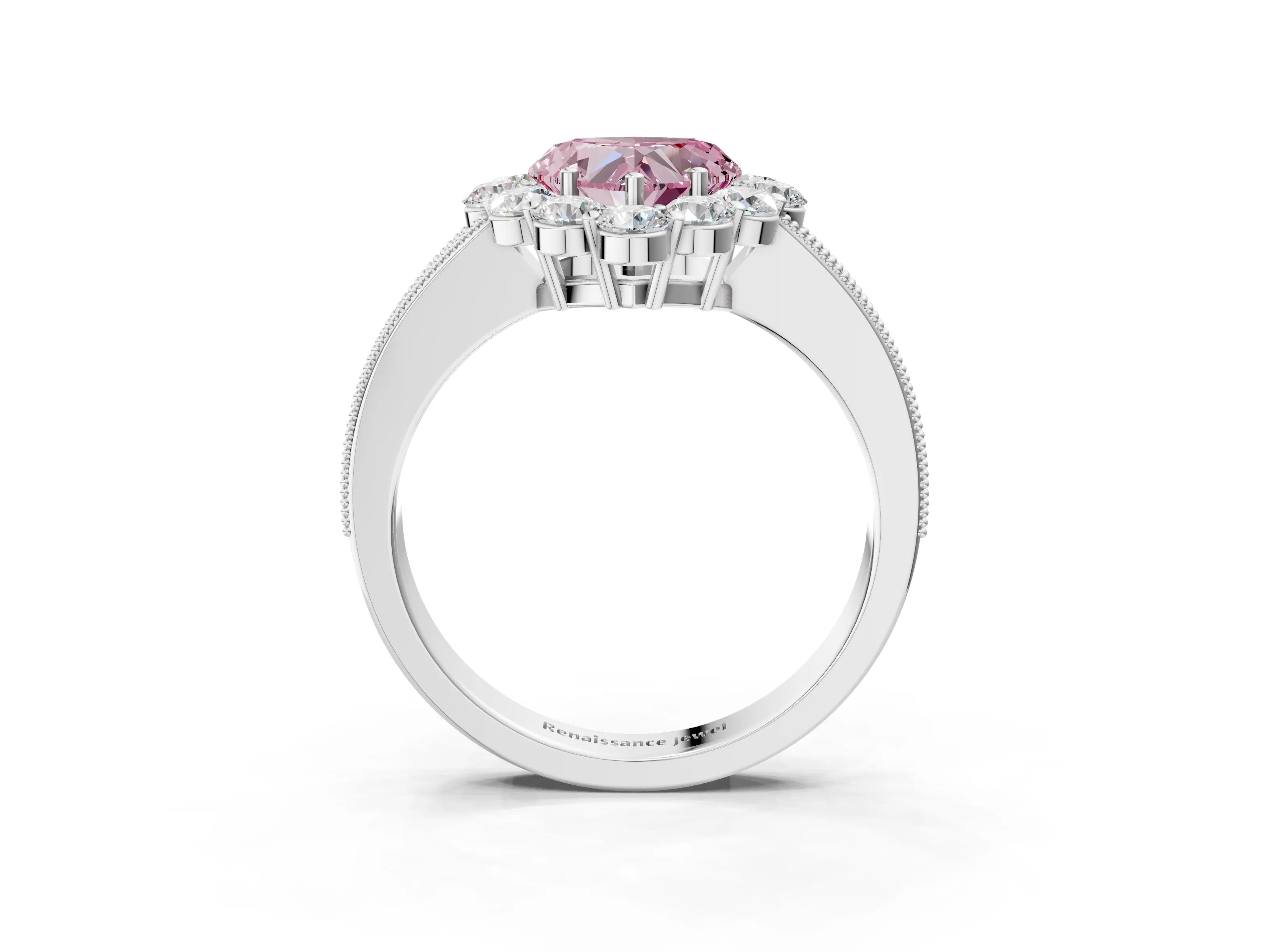 White gold Fancy Pink Heart Cut Cut Halo Diamond Pavé Engagement Ring with Milgrain Detailing_3